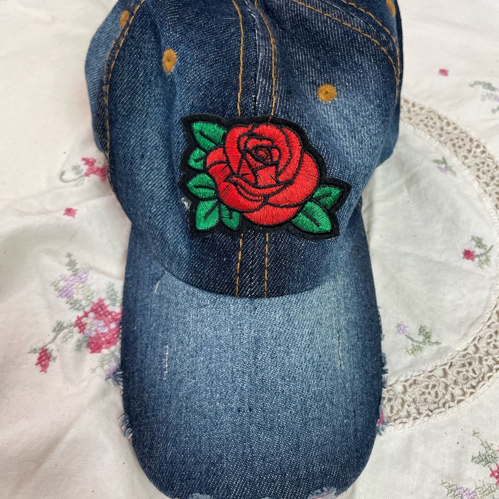 Vintage Y2K 2000s Distressed Denim Baseball Hat Rose Patch
